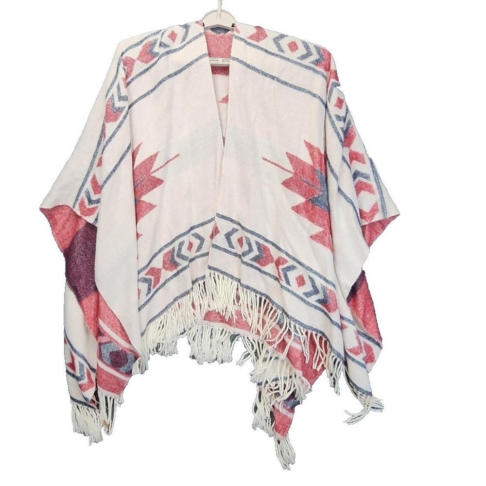 BP Nordstrom Southwestern Geometric Fringe Poncho‎ Wrap Red Navy Cream OS